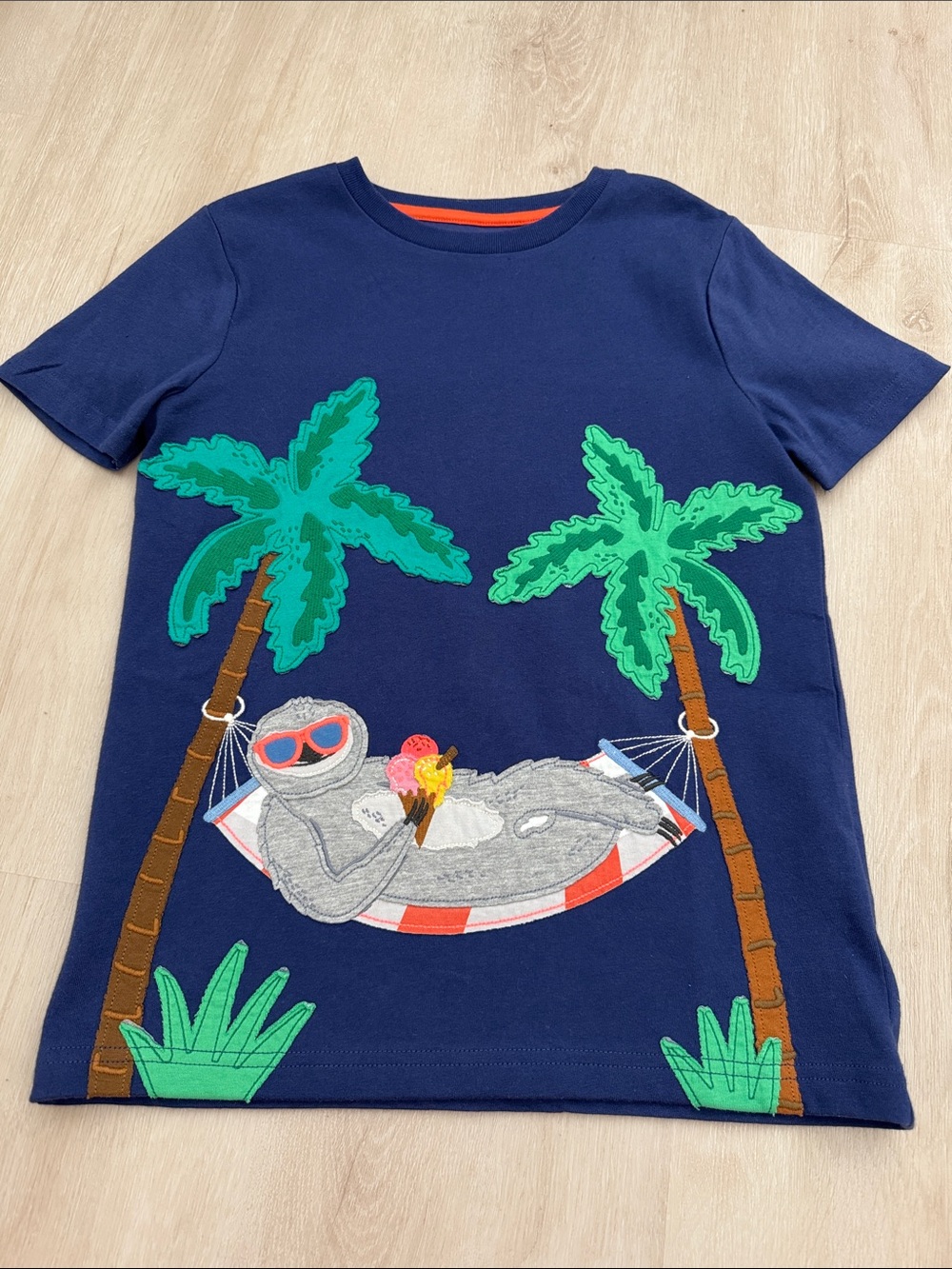 Mini Boden Navy Sloth Hammock Pajama Top with Green Palm Appliqués